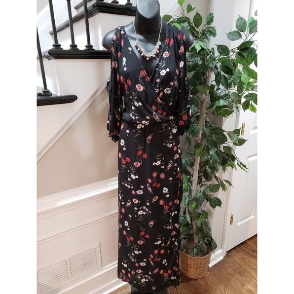Lilian Women Black Floral Polyester Cold Shoulder Long Sleeve Long Maxi Dress 2X - Picture 13 of 13